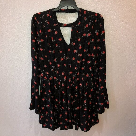 Free People Womens Size 2 Black Floral Long Bell Sleeve Tegan Mini Dress Keyhole - Picture 9 of 11